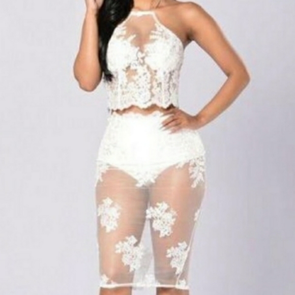 Fashion Nova White Lace Two-Piece Set
